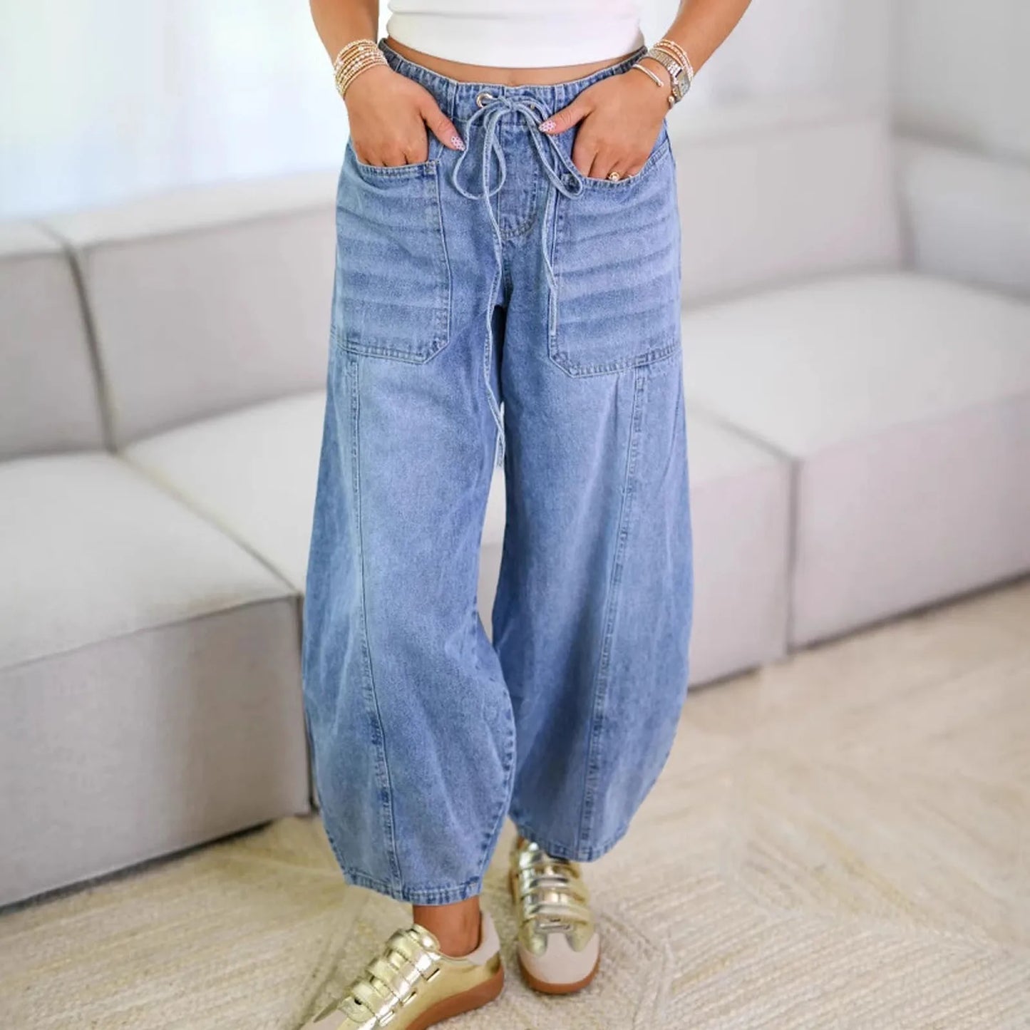 Low Waist American Retro Style Jeans Casual Loose Fit Double Pockets Cotton Jeans Ankle Length Pants Drawstring Jeans
