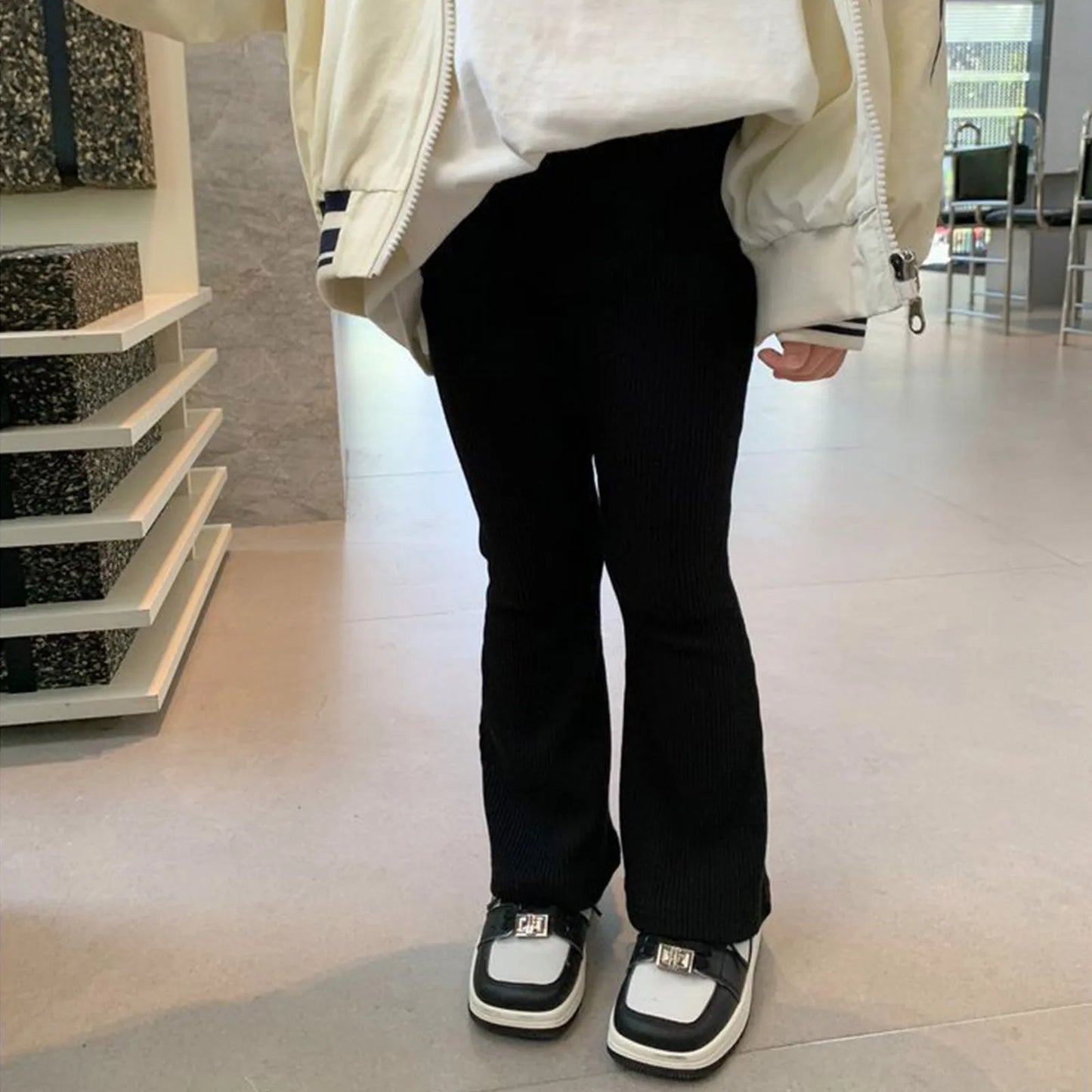 2025 Fashion Kids Girls Cotton Ribbed Flared Pants Spring Autumn Sweet Elasticity Slim Solid Color Trousers Leisure Pants 3-7Y