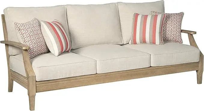 Outdoor Sofa,Clare View Coastal Outdoor Patio Eucalyptus Sofa with Cushions, Beige35"D X 81"W X 37"H,Outdoor Sofa