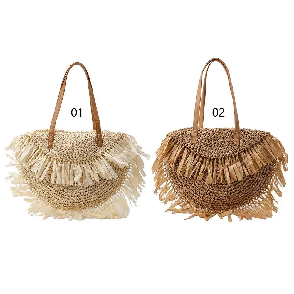 Women Stylish Knit Shoulder Bag Wear Resist Hand Woven Beach Bag Semicircle Underarm Bag Female Travel Commute Shoulder Bag