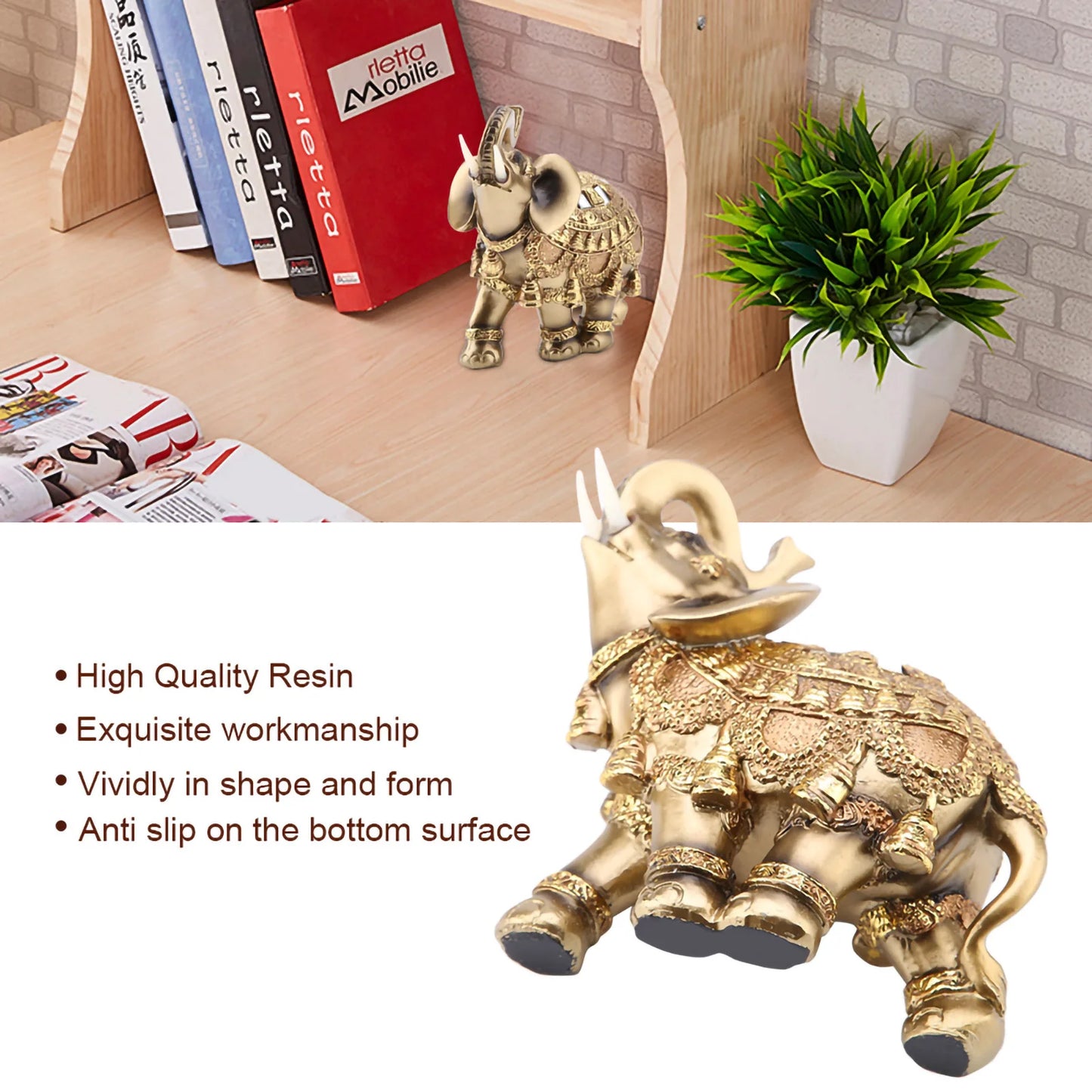 Elephant Sculpture Lucky Feng Shui Golden Elephant Statue Sculpture Wealth Figurine Gift Home Decoration Feng Shui Elephant
