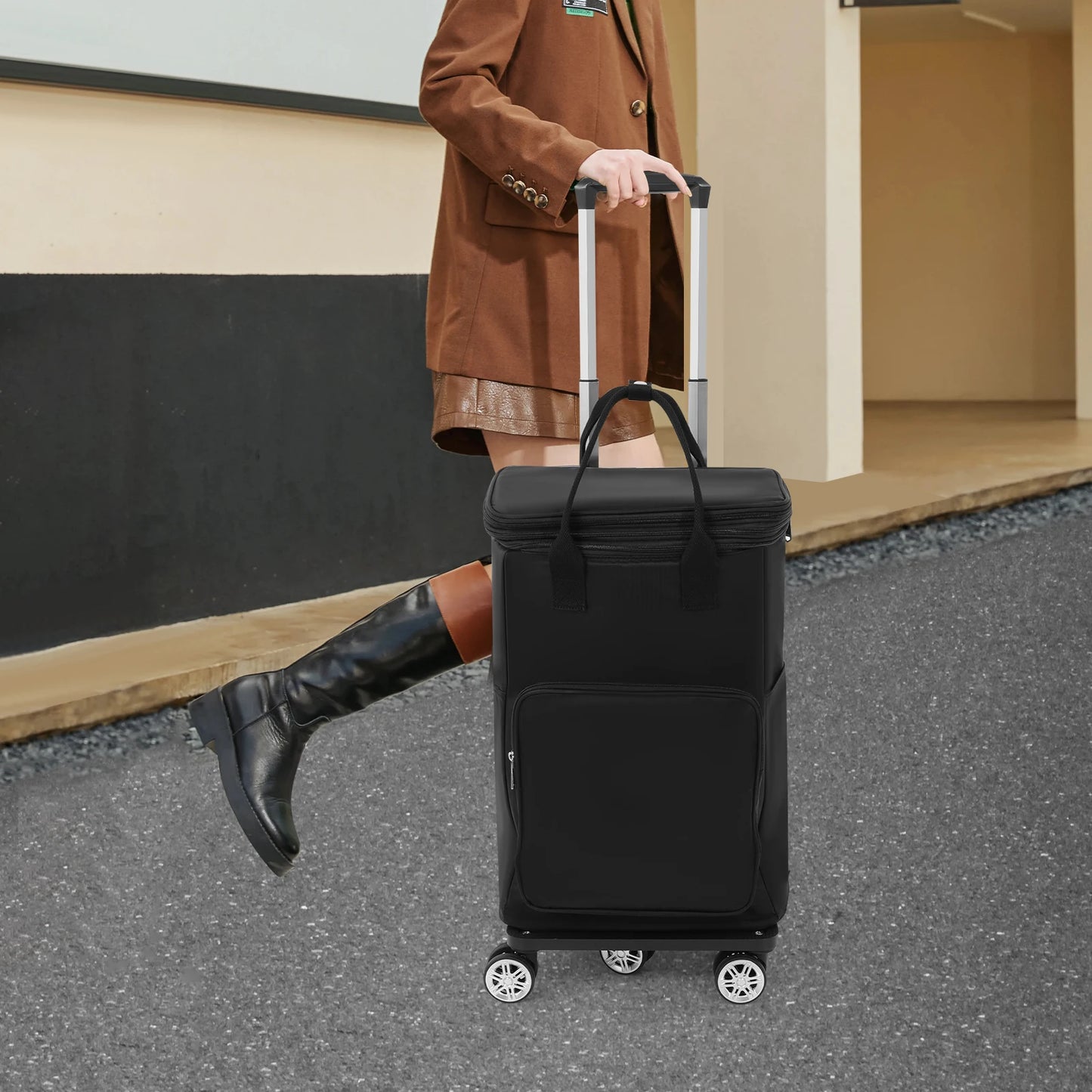 Black 2-in-1 Expandable Rolling Shopping Bag with 5 Wheels, Foldable Trolley Luggage Cart for Travel, Grocery, Business Use