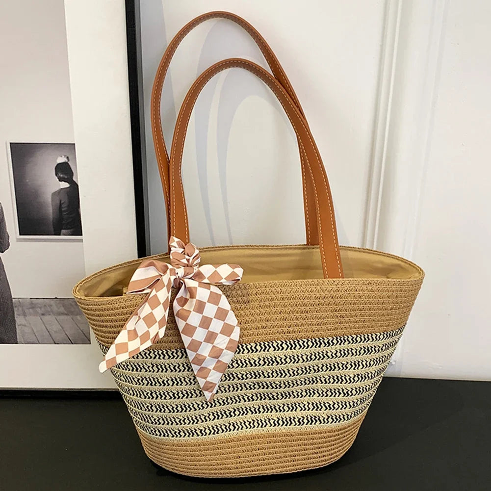 Women Straw Tote Handbag Large Capacity Crochet Beach Handbag Zipper Closure Weaving Striped Handbag Ladies Summer Daily Bag