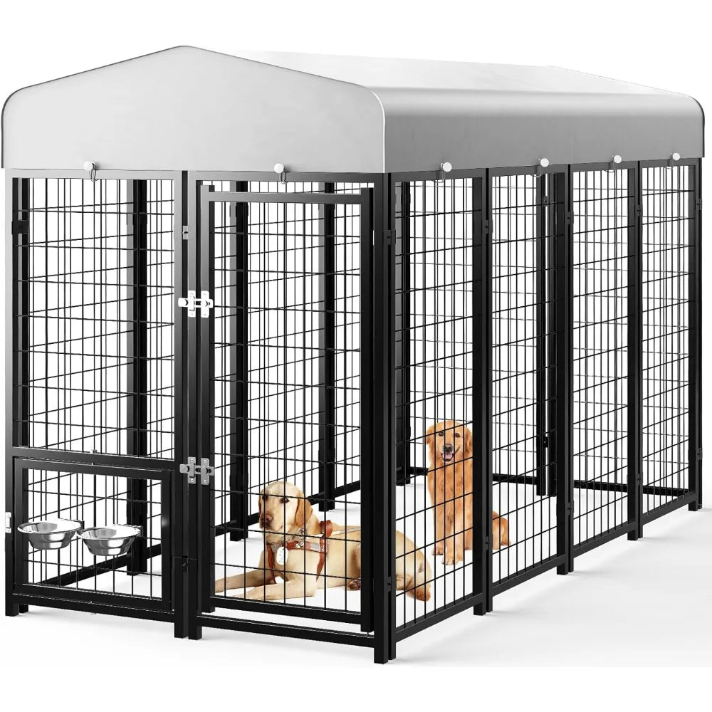 Dog Kennel Pen Outside Outdoor Dog Run with Roof, Swivel Feeders/Removable Doggy Door Allow Connecting Your Dog House- Kennel He