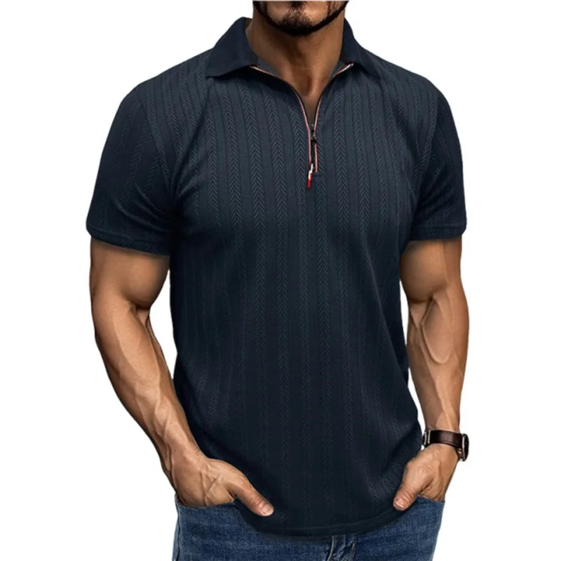 Men s Short Sleeve Jacquard Turn Down Collar Zipper Casual Tops - Stylish Fit Shirts for Summer Fashion