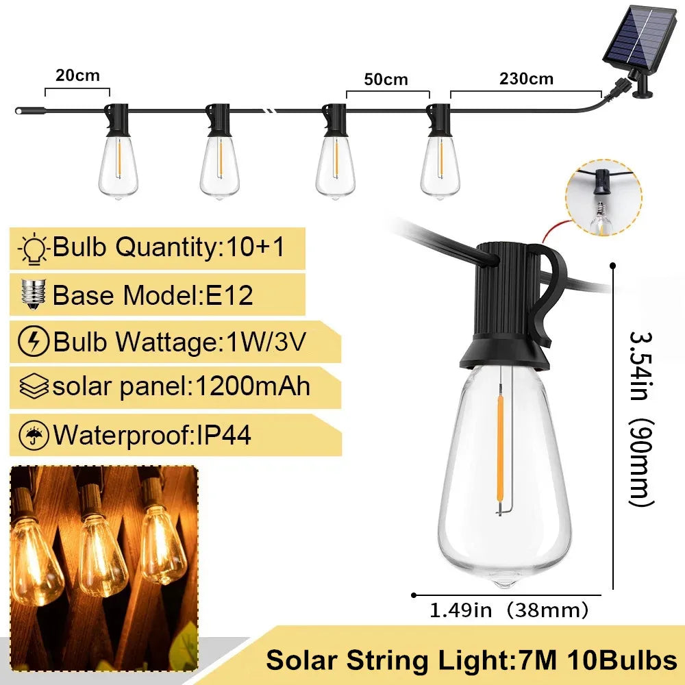 LED ST38 Solar String Lights for Outside, USB & Solar Dual Charging Outdoor String Lights for Porch Garden Camping