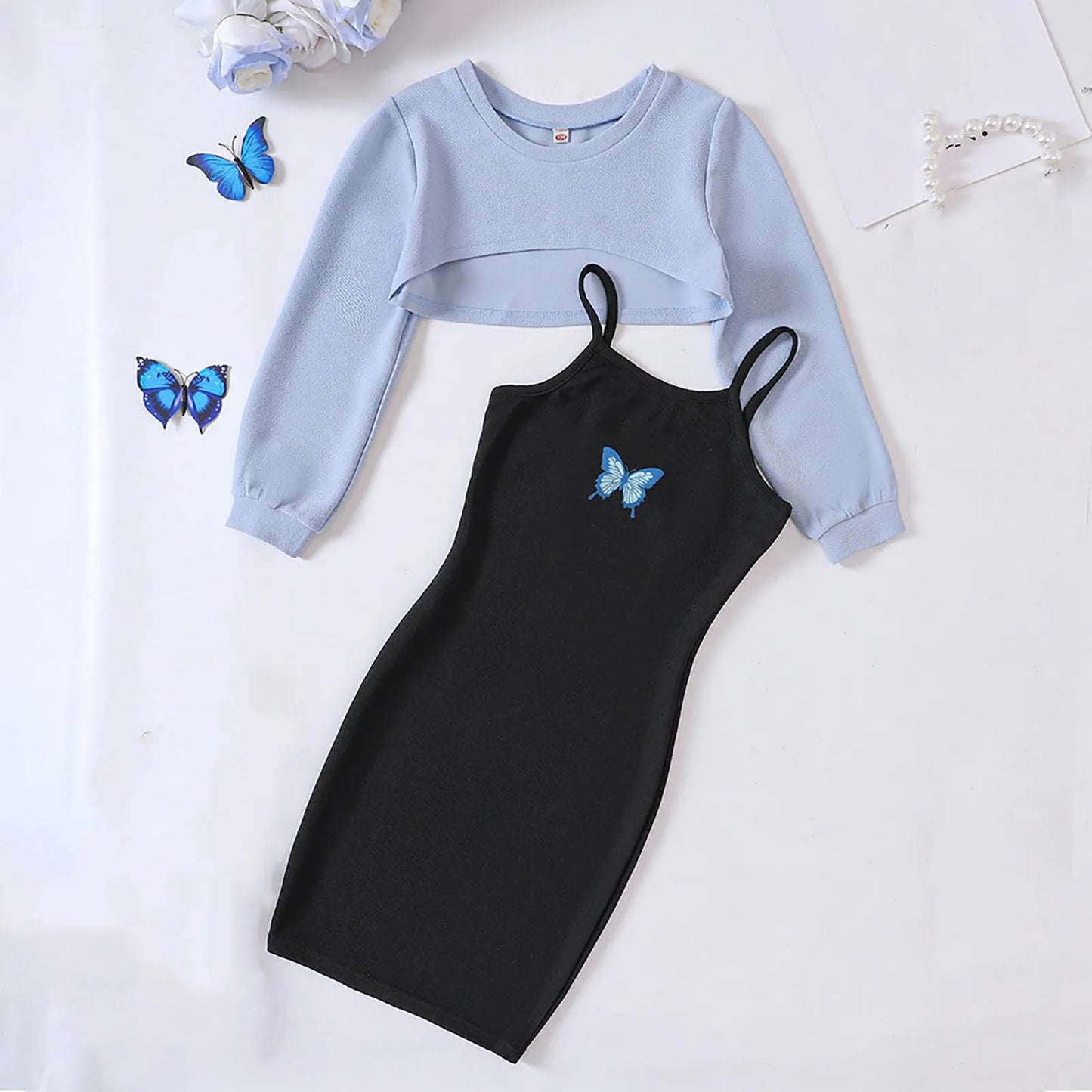 Kids Clothes Sets Girls Teenage Dresses For Girls Children's Clothing Sweathirts Tops and Butterfly Slim Slip Dress Girls Dress