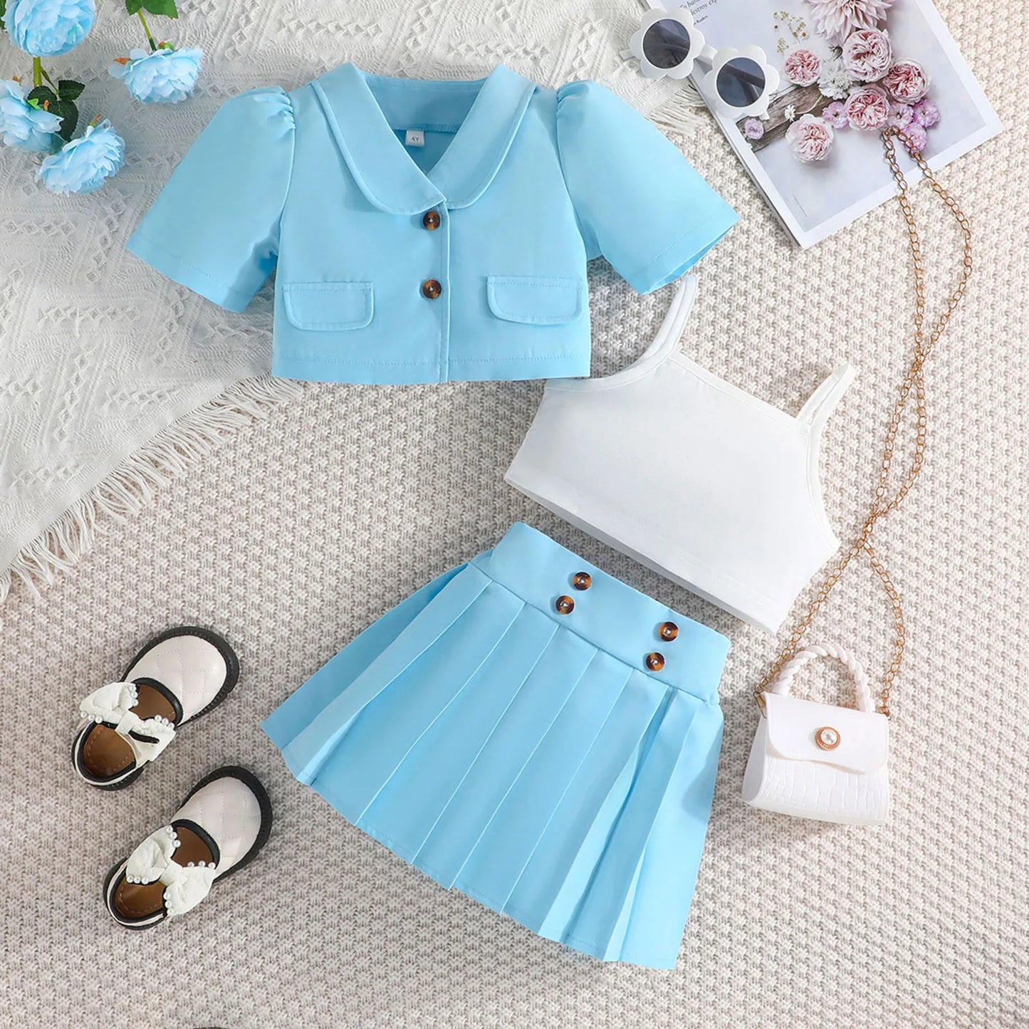 Toddler Kids Clothes Girls Sets For 2-8Y Children Summer Short Coat+Vest+High Waist Pleated Skirts Party Outfit Sets For Girls
