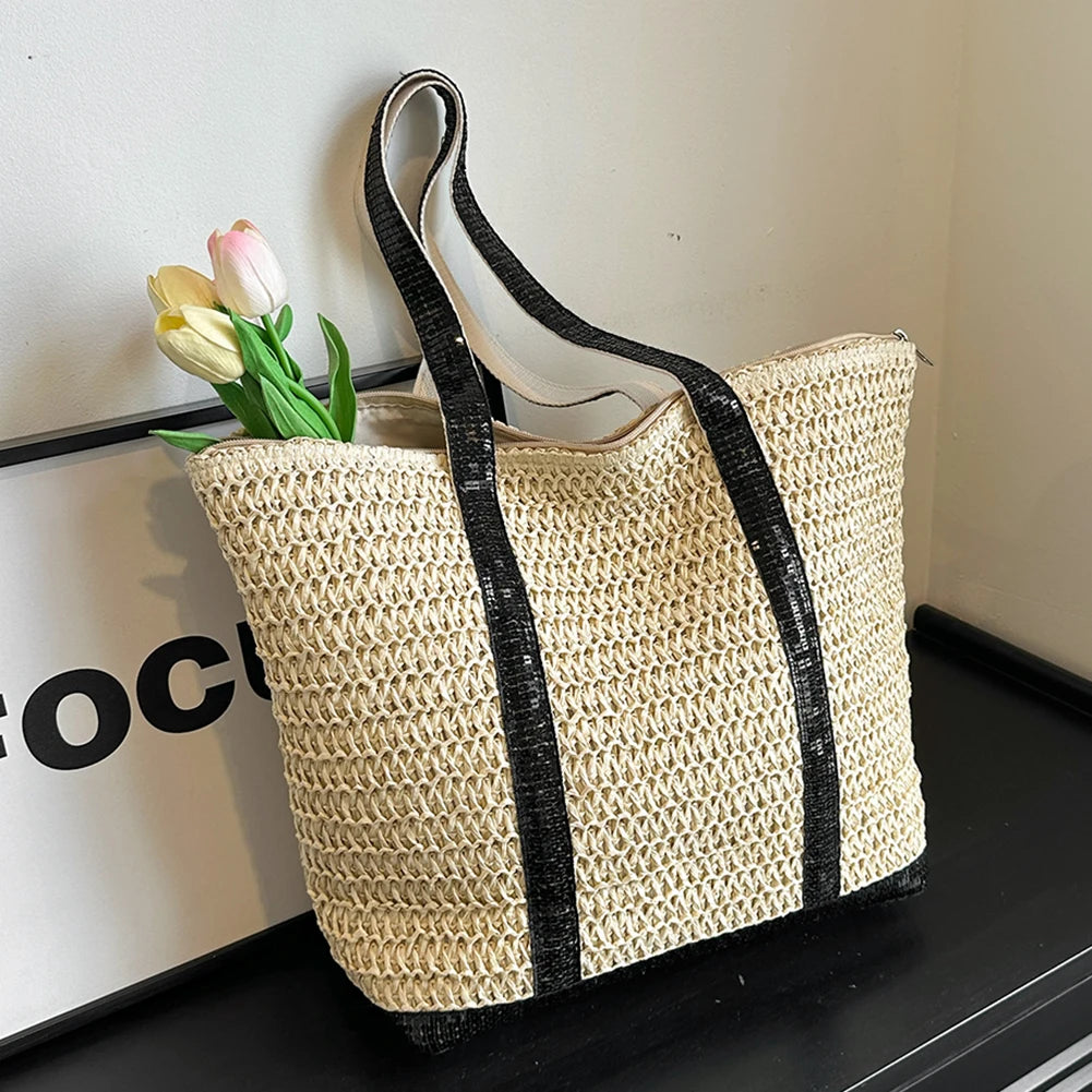 Women Straw Tote Handbag Large Capacity Sequins Simple Shoulder Bag Contrast Color Minimalist Tote Bag Ladies Summer Daily Bag
