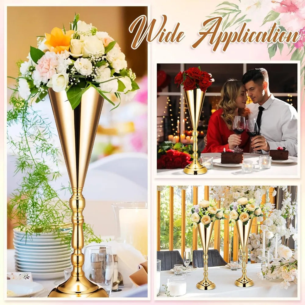 20 Pcs 16.5 Inches Tall Gold Vase Centerpiece Wedding Metal Flower Arrangement Stand Trumpet Vase Tabletop