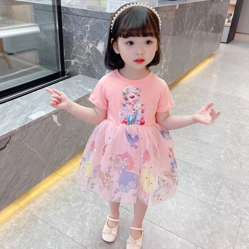 2025 New Disney Summer Kids Dress Clothes Pretty Girls Dresses Frozen Elsa Anna Princess Party Costume For Children Clothing