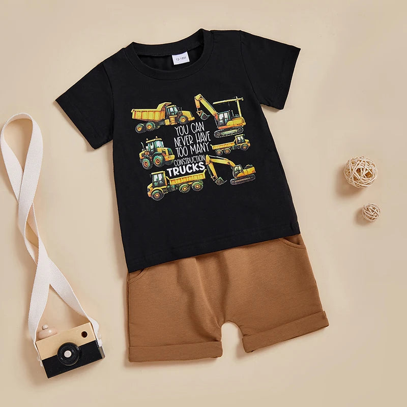 Boys Summer Outfit Sets with Short Sleeve O Neck Truck Print Tops and Solid Color Shorts - Casual and Cool Summer Wear for Boys
