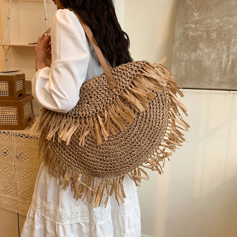 Women Stylish Knit Shoulder Bag Wear Resist Hand Woven Beach Bag Semicircle Underarm Bag Female Travel Commute Shoulder Bag