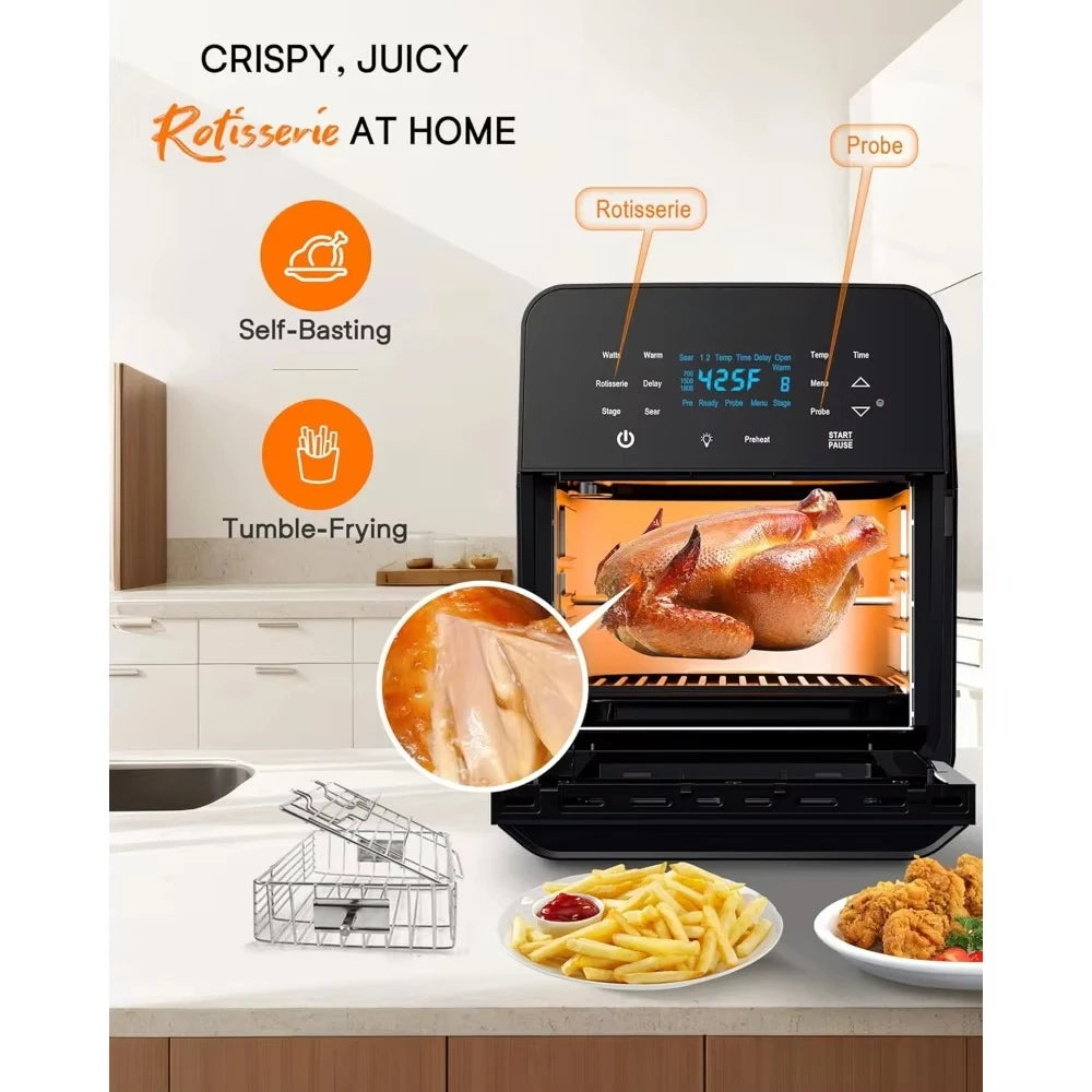 15.5Qt Air Fryer Toaster Oven & Rotisserie Kit,2024 New Advanced Turbo Convection Tech,Max Even & Crisp,150 Presets, Smart Probe