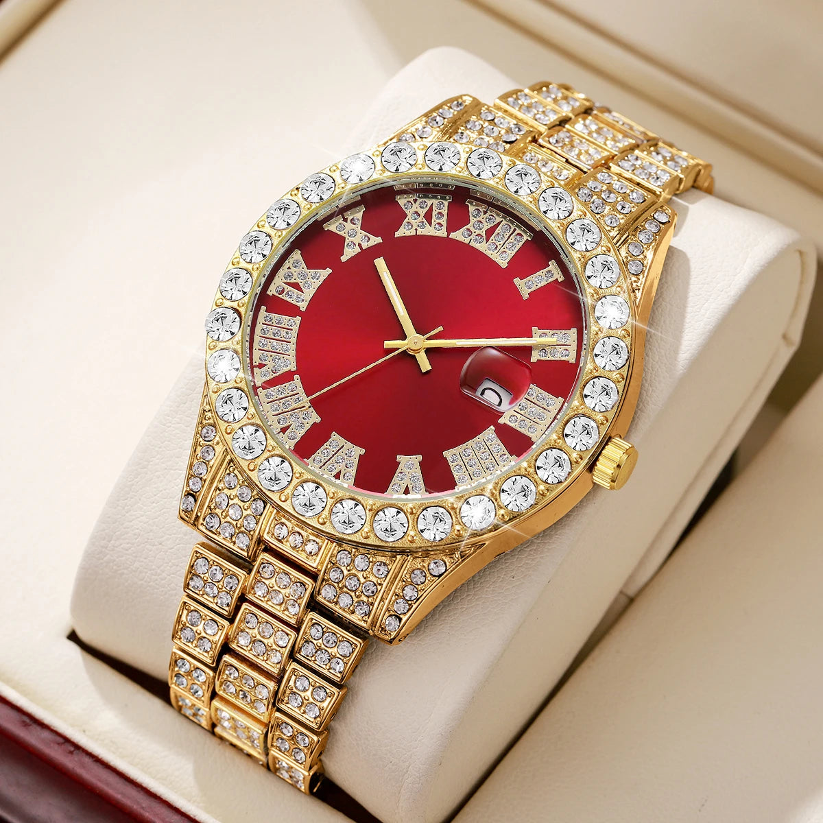 Fashion Full Diamond Men's Watch Stainless Steel Band Male Quartz Wristwatches Date Calendar Watches