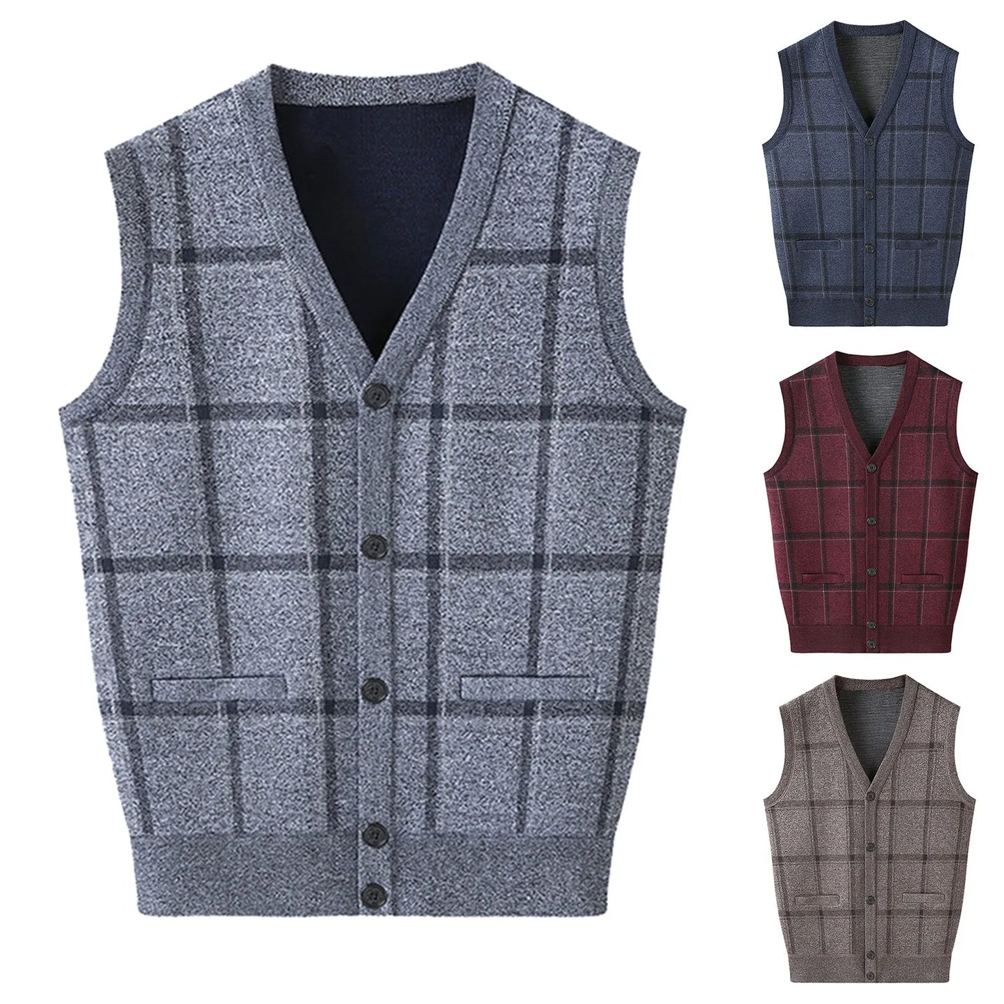 Mens Autumn Winter Casual Fashion V Neck Sleeveless Knit And Fleece Vest Sweater Vest Sweatshirt Cardigan