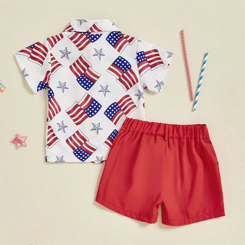 Infant Boy Independence Day Apparel Red White Blue Star Stripe Print Bowtie Top Shorts Set Kids Clothing for July 4th