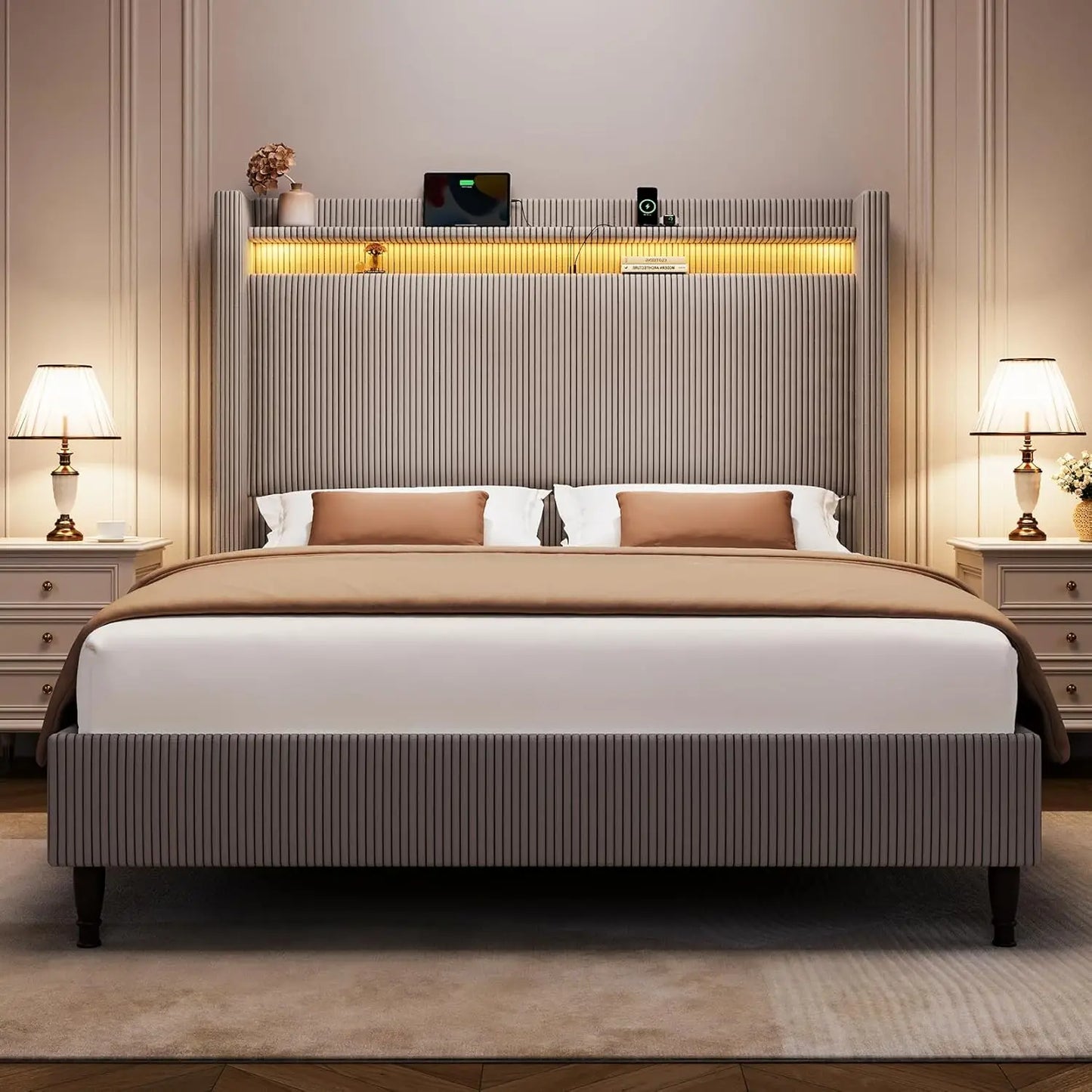 King Size Bed Frame with Tall Headboard, 55.3" Corduroy Upholstered Platform Bedframe with LED Lights & Charging Station