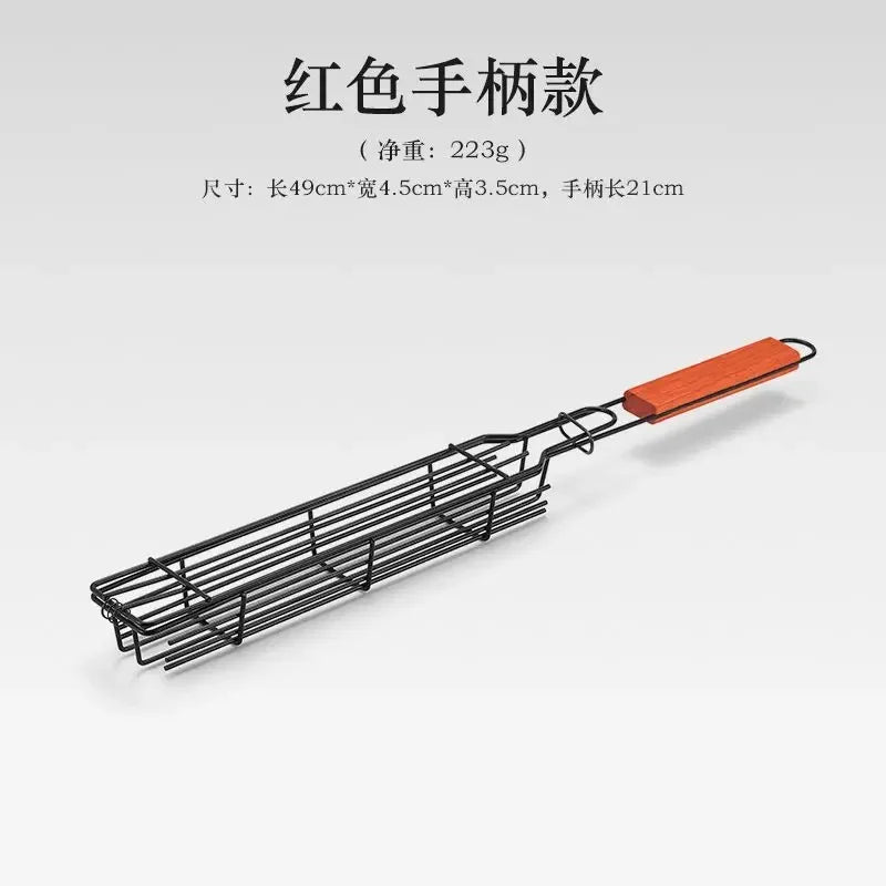 Wooden Handle BBQ Grill Basket - Outdoor Camping Grill Rack for Meat/Veggies, Charcoal Picnic Skewer Tool Party Camping Kitchen