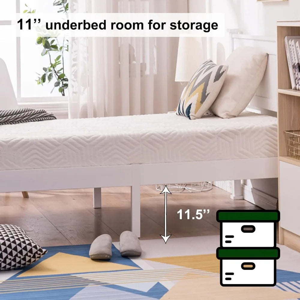 Twin Size Solid Wood Platform Bed Frame, Single Bed with Headboard, Wood Slat Support Mattress Foundation, White