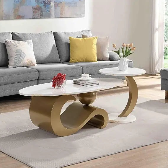 Modern Nesting Coffee Table Set of 2, 2-Piece Modern Oval Decorative Coffee Center Table with White Faux Marble Top and Black Me