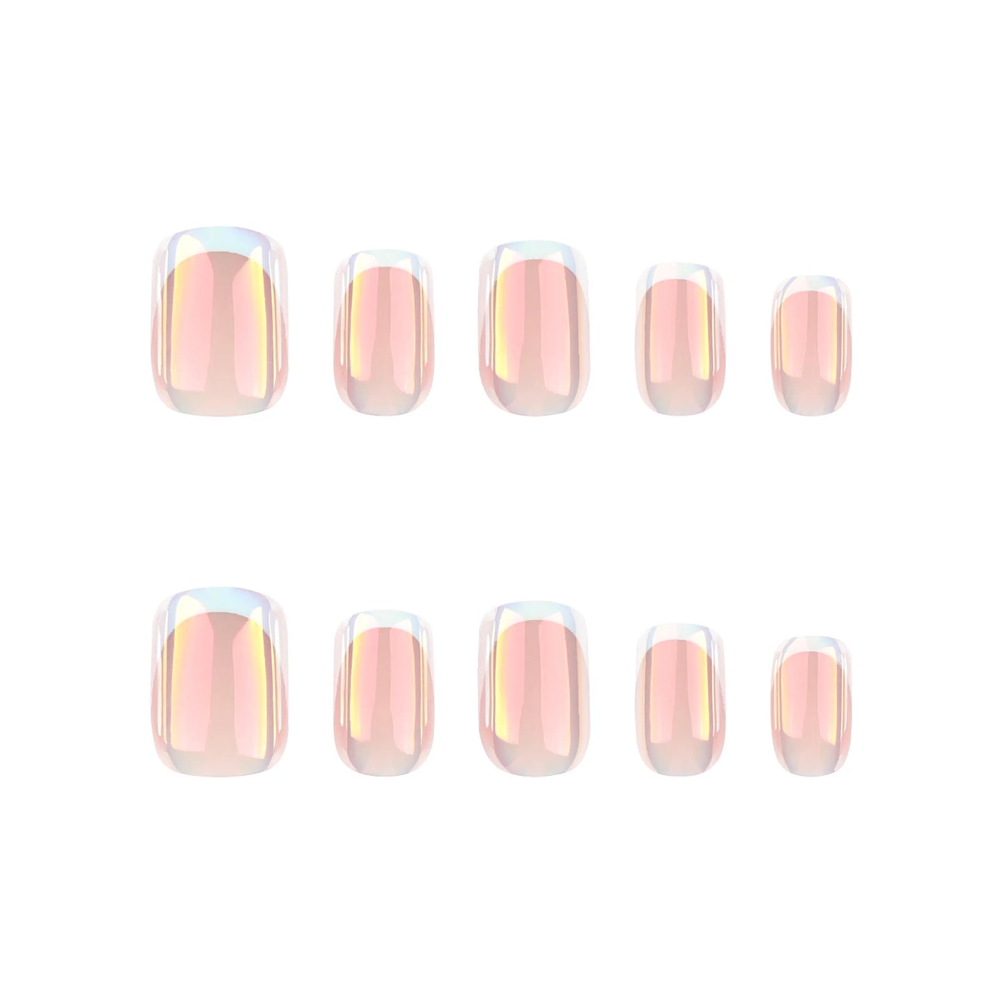 24pcs Aurora White French Press on Nails Short Sqaure Chrome Fake Nails with Glue Metallic Designs Artificial False Nail Tips