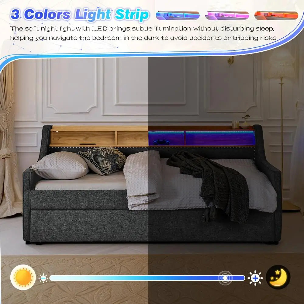 Twin Daybed w/Pop Up Trundle & Wireless Charger, Upholstered Sofa Day Bed Frame w/LED/USB/Type C/Storage Headboard