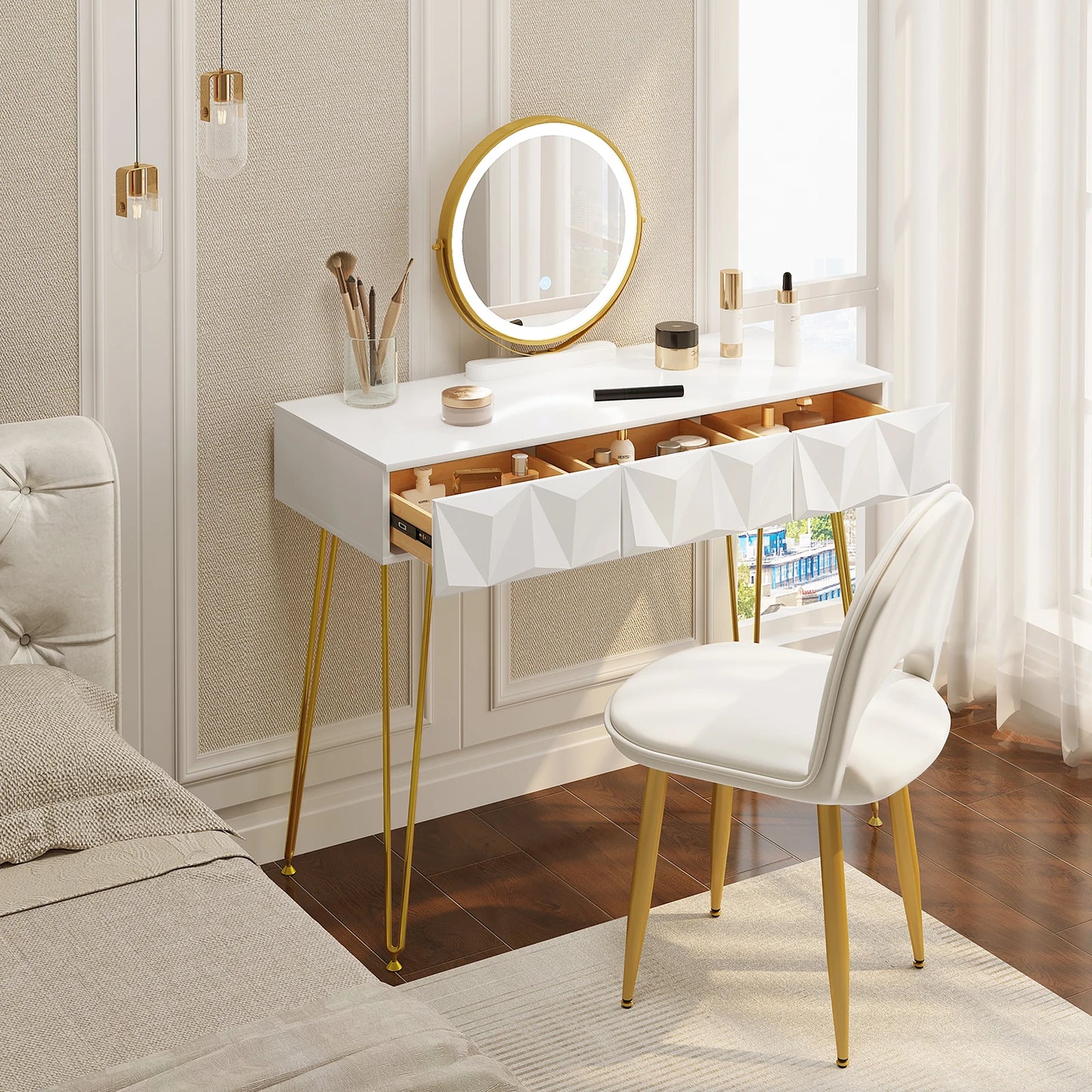 WOLTU 1SET Dressing Table with 360° Rotating Mirror Velvet Chair LED Light in 3 Light Colours Vanity Makeup Desk Cosmetic Table