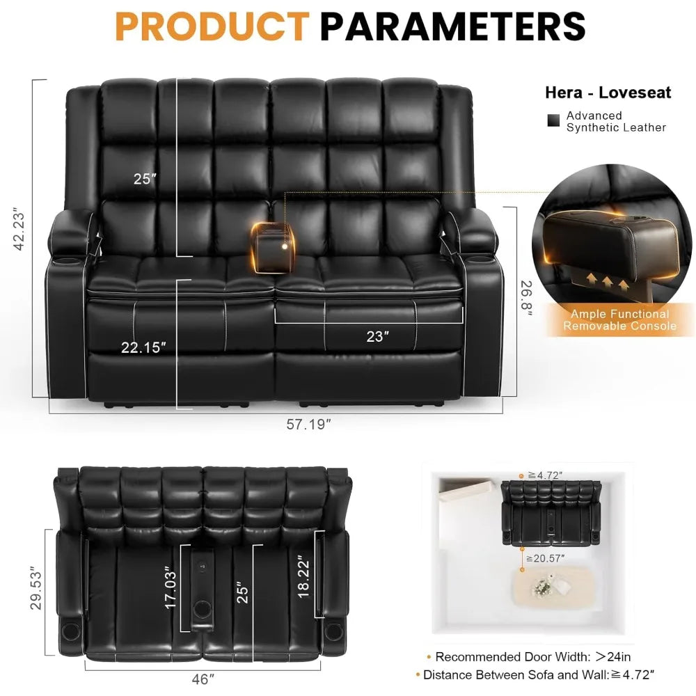 Loveseat Recliner Sofa, Reclining Loveseat with Removable Console, USB Ports & Cup Holders, RV Wall Hugger Double Recliner Couch
