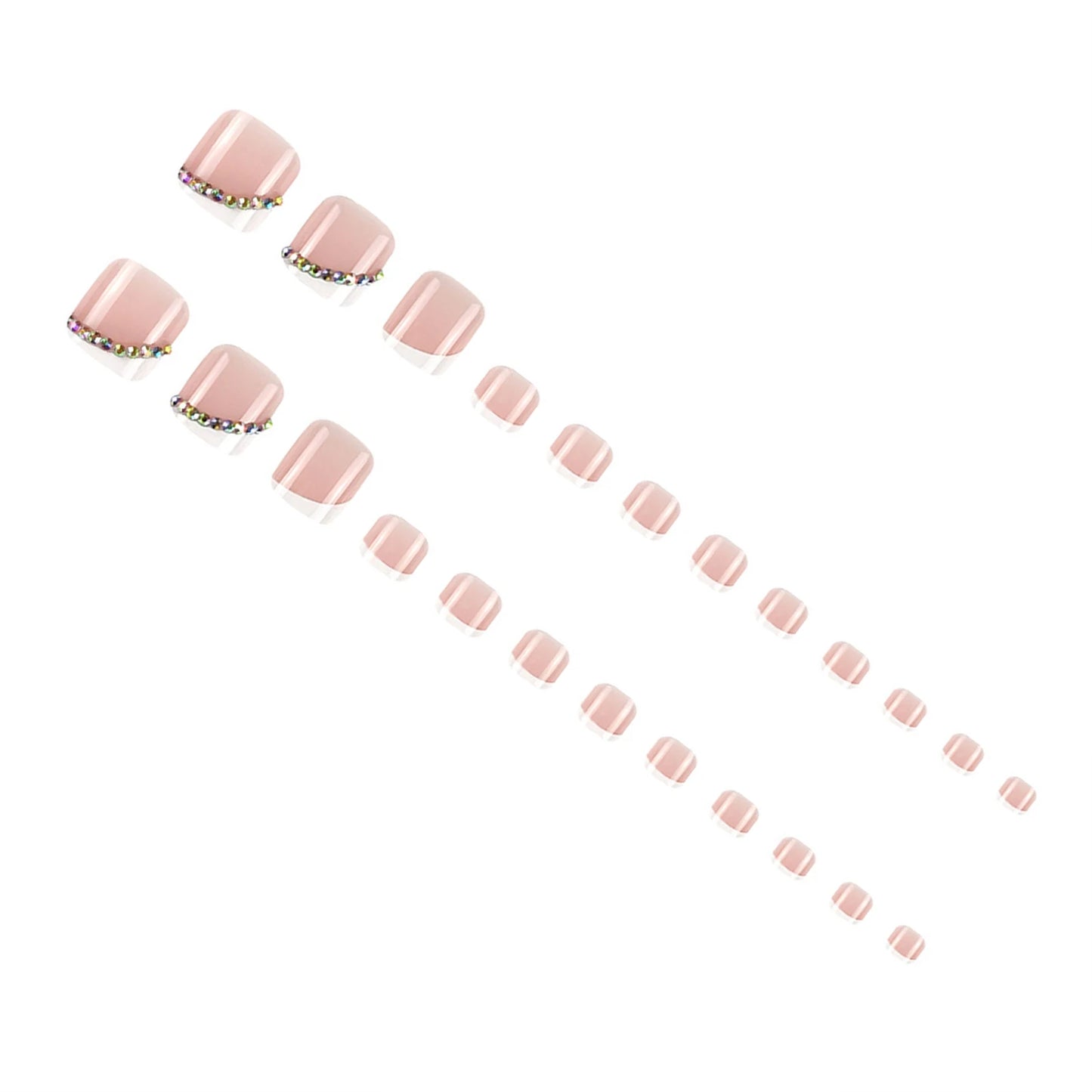 Nude Color False Toenail with Rhinestones Short Square Style Glossy False Nail with Glue for Women Manicure DIY Tool