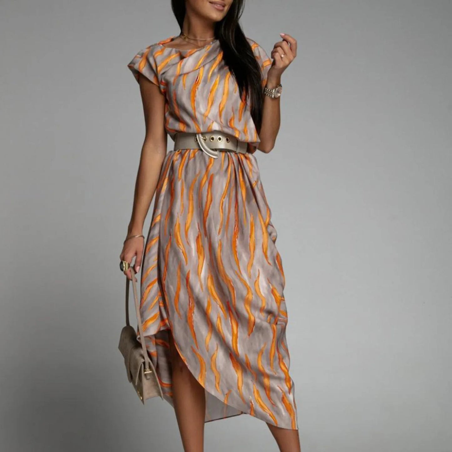 Elegant Long-sleeve Printed Dress For Women High-waisted A- line Round Neck Pullover Trendy Summer Clothing
