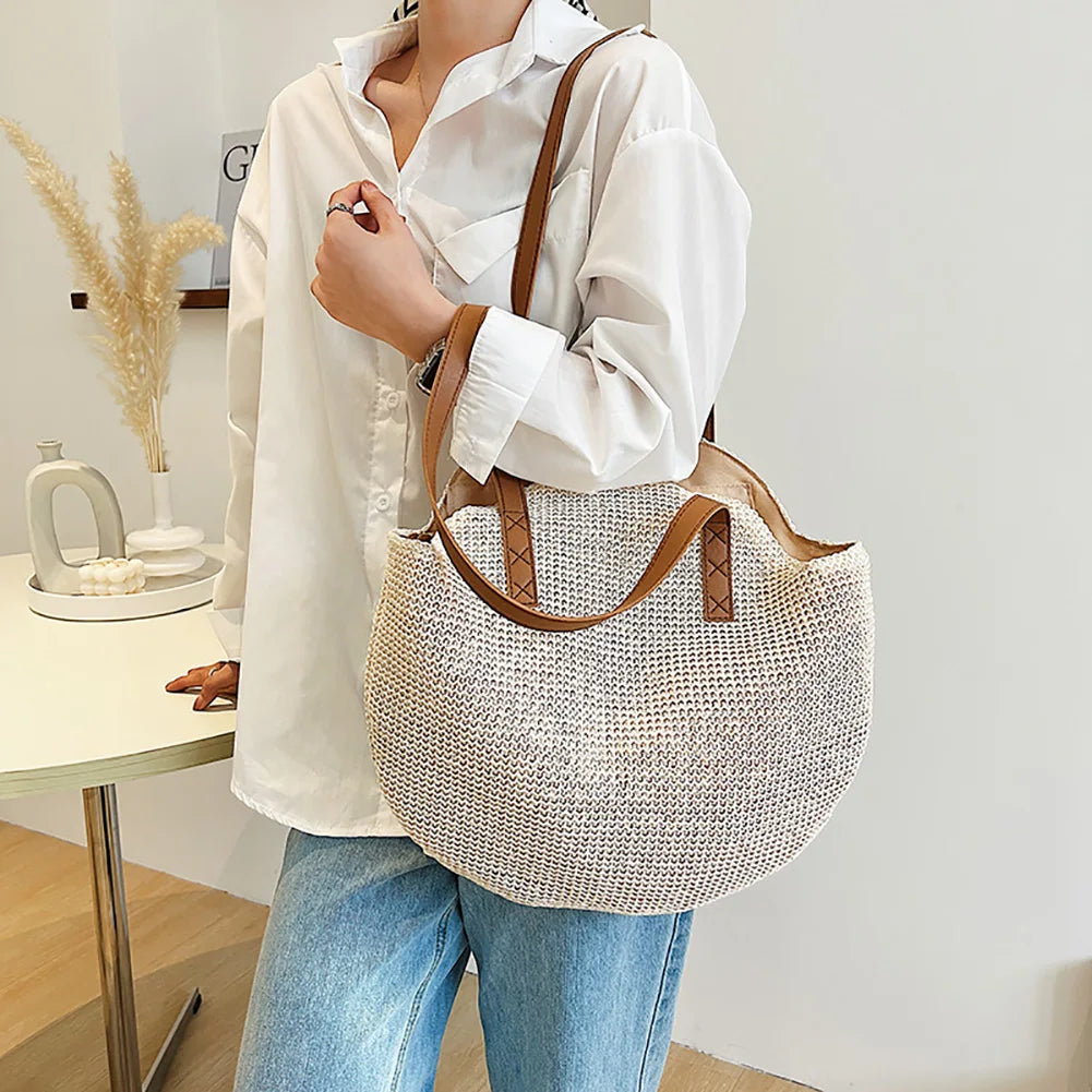 Straw Beach Women Handbag Handmade Woven Boho Vintage Summer Shoulder Top-Handle Bag Large Capacity Lady Vacation Casual Tote