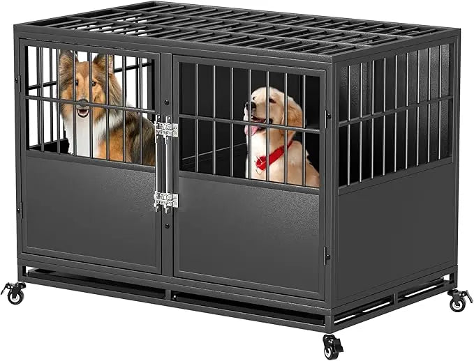 48 inch Stackable Heavy Duty Dog Crate with Divider, Metal Indestructible Anxiety Dog Kennel for Two Small or One Large Dogs, Ch