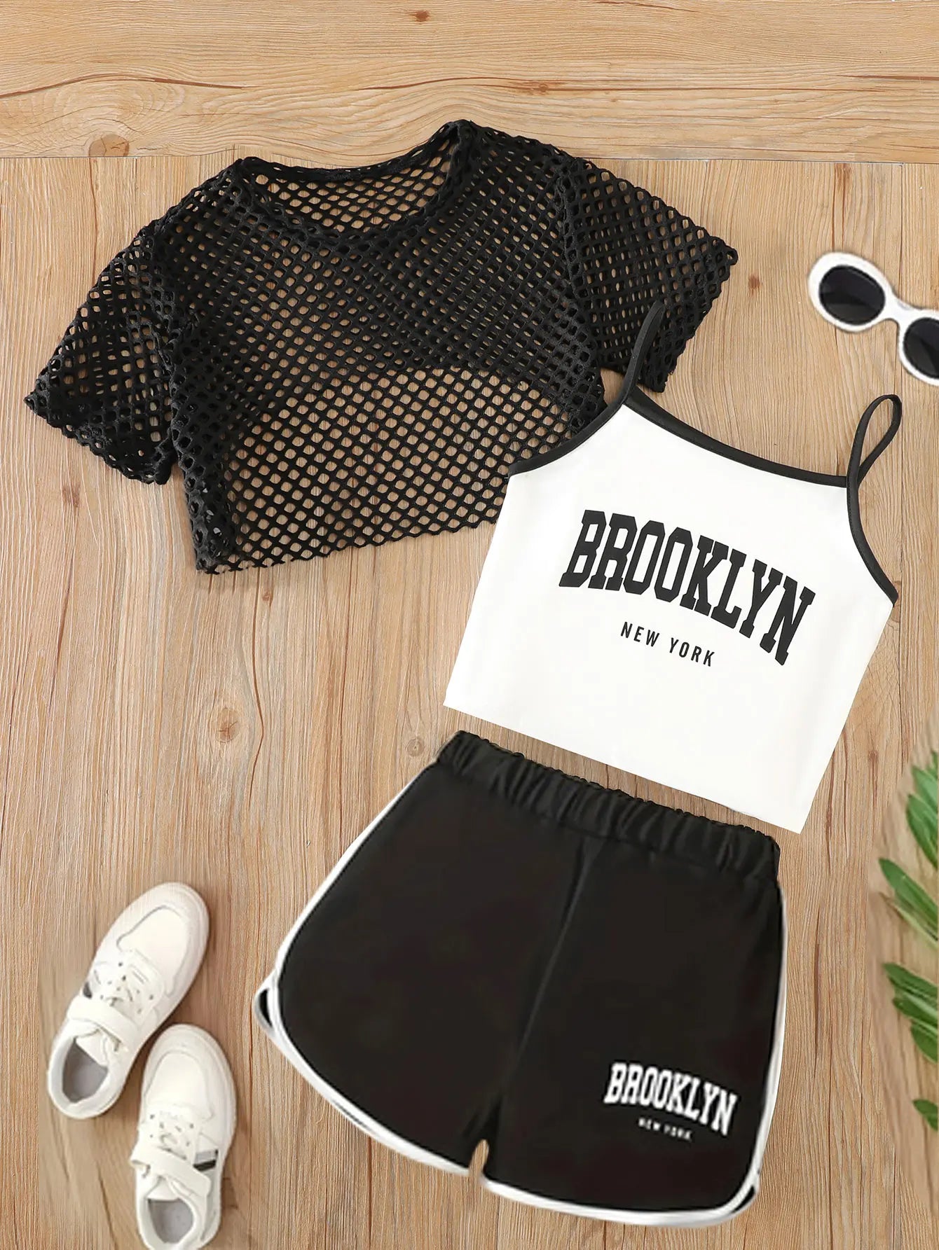 Girls Three-Piece Clothing New Breathable Summer Thin Fashion Short-Sleeved Mesh Top + Letter Printed Short Vest Suspender + Letter Printed Sports Shorts
