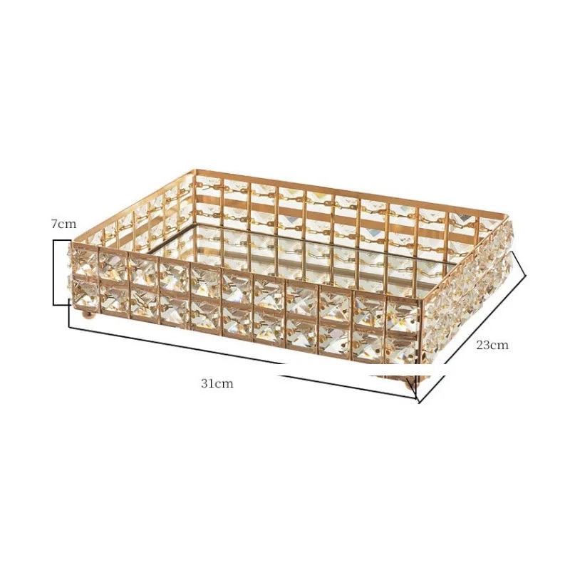 Crystal Mirrored Cosmetic Tray Organiser Metal Decorative Vanity Tray Plate Holder for Perfume Cosmetics Makeup Storage