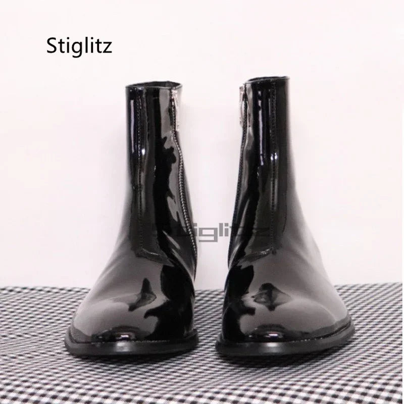 Light Patent Leather Chelsea Boots for Men Pointed Toe High Heel Ankle Boots Side Zipper Fashion Men's Boots High Top Shoes
