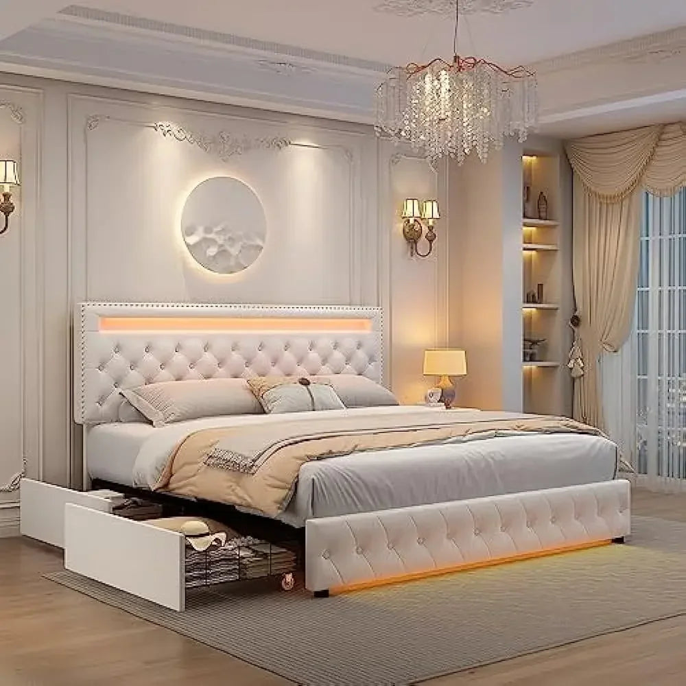 LED Queen size Bed Frame with 4 Storage Drawers, Headboard Footboard, Control DIY Color, Box Spring Optional, Bed Frame