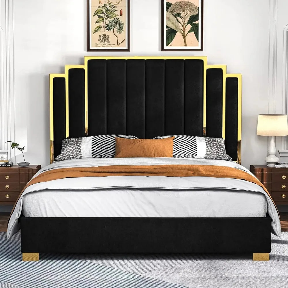 Queen Size Platform Bed Frame, 61.4" Velvet Upholstered Bed with Gold Trim Headboard/Wooden Slats/No Box Spring Needed