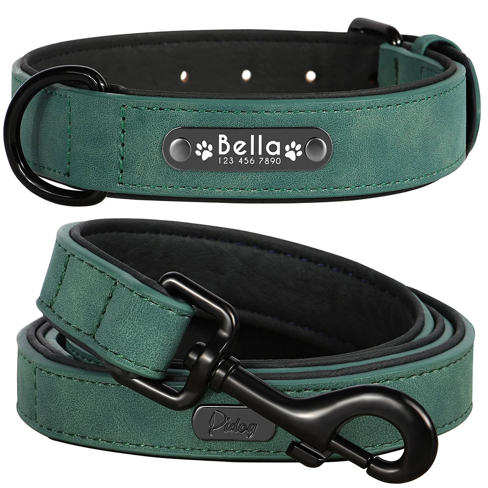 Custom Leather Dog Collar Leash Personalized Pet Collars and Leash Set Durable Leather Collar Lead for Small Medium Large Dogs