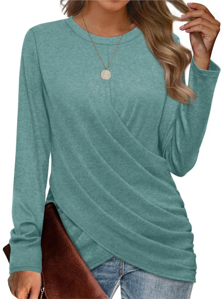 Women's Clothing 2024 Autumn Winter New Solid Color T-shirt Casual Round Neck Cross Pleated Loose Long Sleeved Top