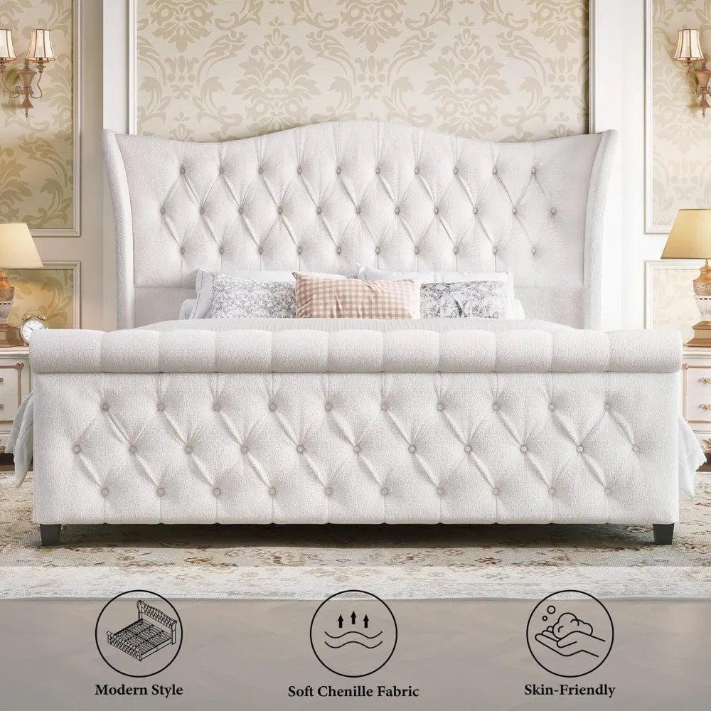 Bed Frame Chenille Upholstered Platform Sleigh Bed with 51" Scroll Wingback Tall Headboard & Footboard/Deep Button