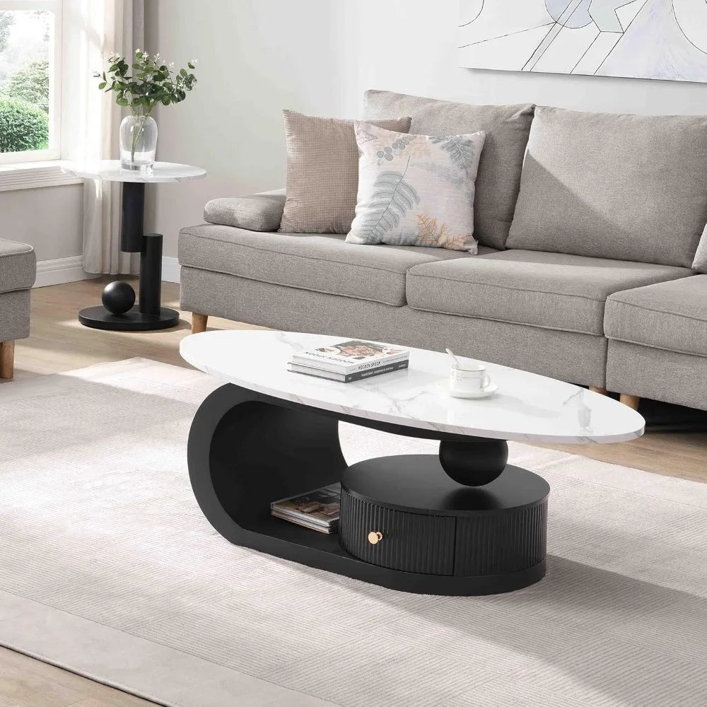 Modern Nesting Coffee Table Set of 2, 2-Piece Modern Oval Decorative Coffee Center Table with White Faux Marble Top and Black Me