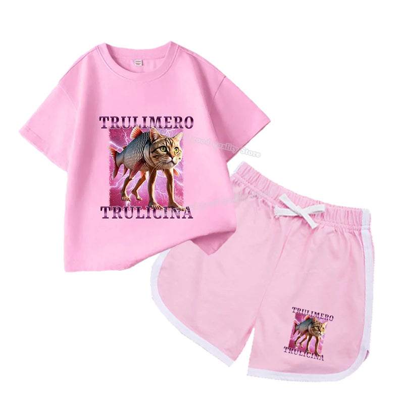 2Pcs Italian Brainrot Summer Children's Casual Set for Boys Girls Loose Short Sleeved Breathable and Comfortable Set Tracksuits
