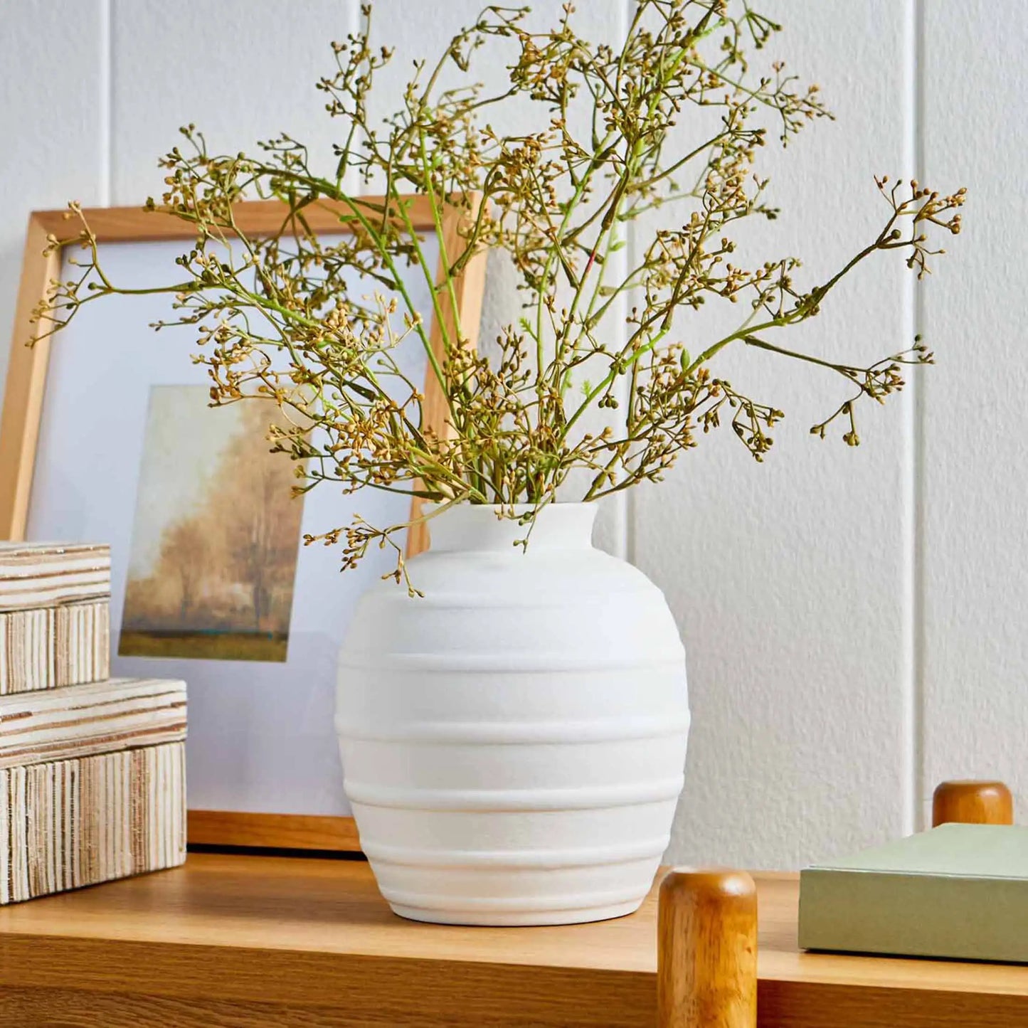 8 Textured White Ribbed Ceramic Vase