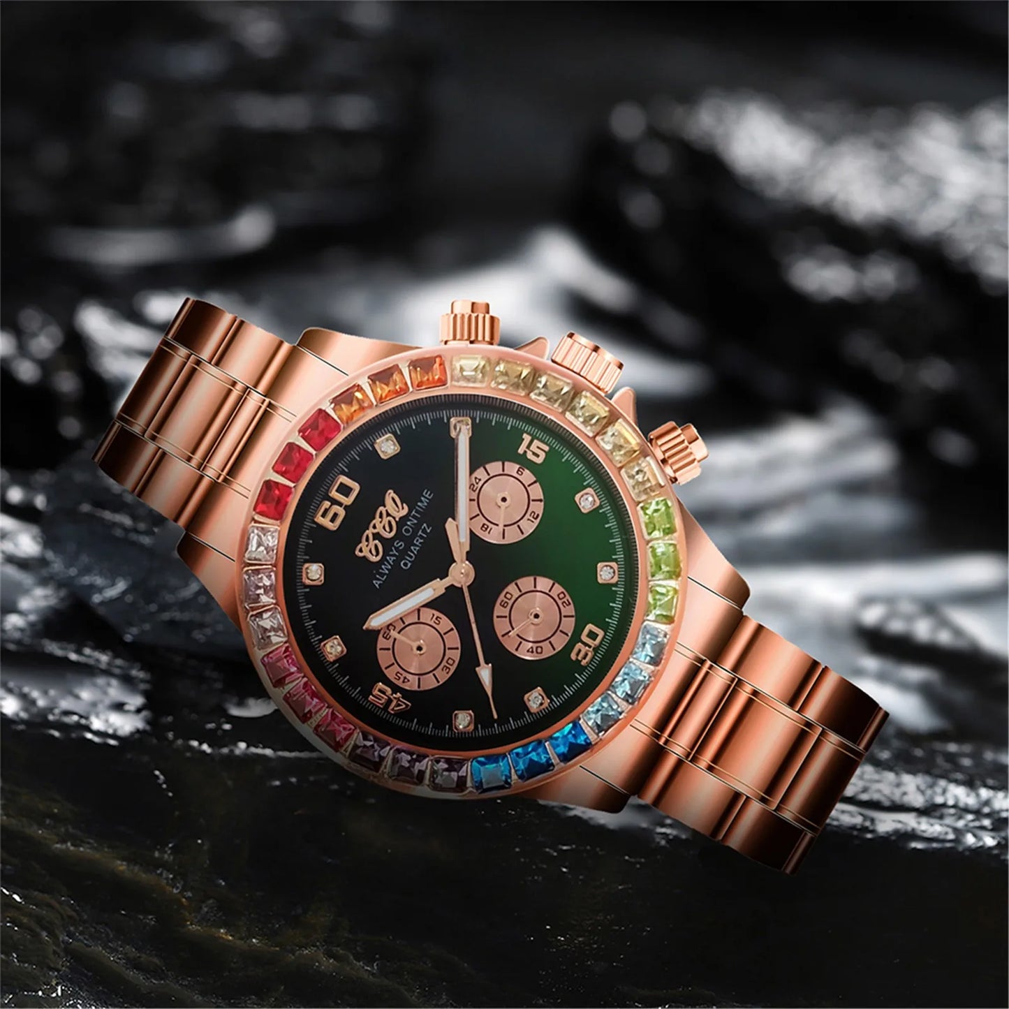 Colored Diamond Men'S Quartz Watch Stainless Steel Colored Rhinestone Men'S Watch Three-Eye Square Diamond Watch Montres Hommes