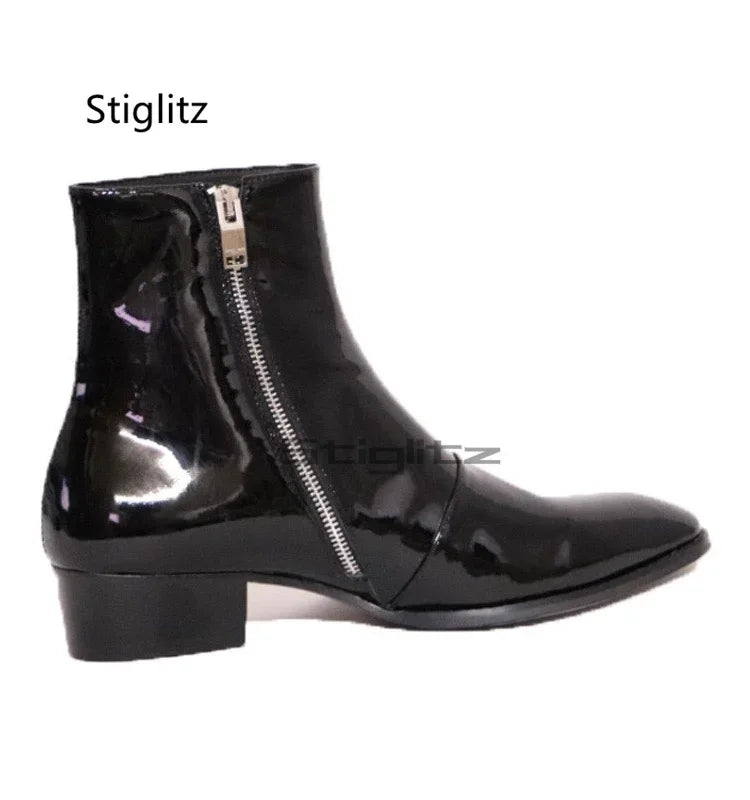 Light Patent Leather Chelsea Boots for Men Pointed Toe High Heel Ankle Boots Side Zipper Fashion Men's Boots High Top Shoes