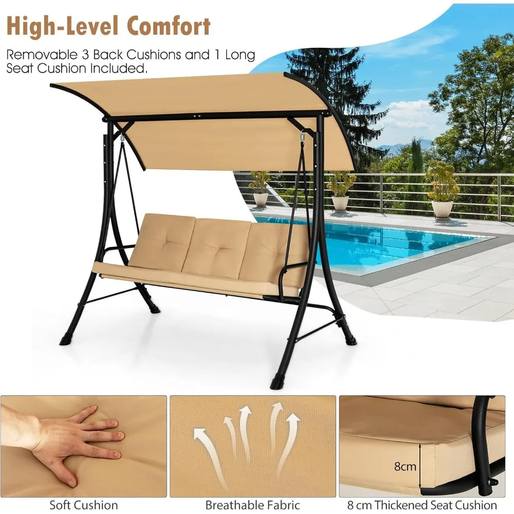 Garden Swing Chair, Outdoor Hammock with Adjustable Canopy and Soft Cushions, Steel Frame Porch Seat Lounger, Patio Swing Bench