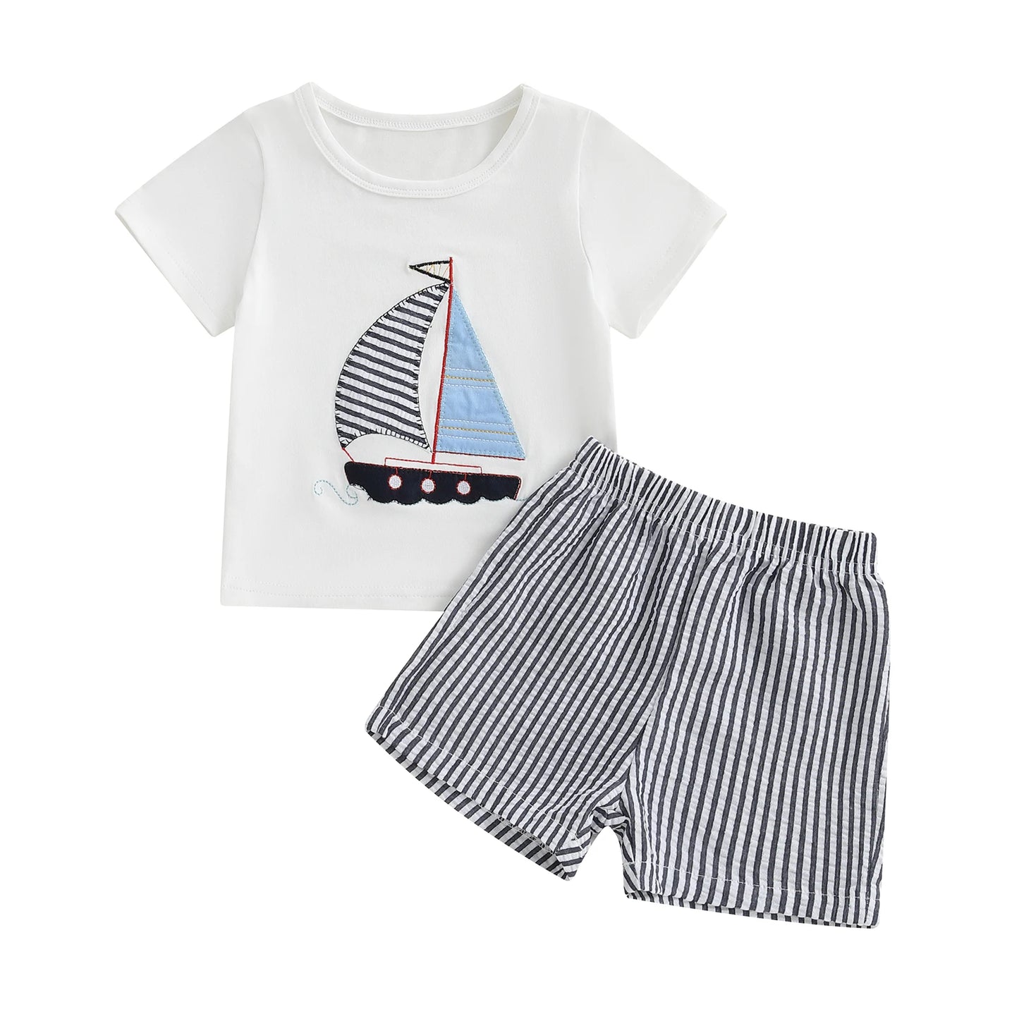 Infant Boy Nautical Theme Outfit with Anchor Applique Short Sleeve Shirt and Striped Shorts Set for Summer Fun