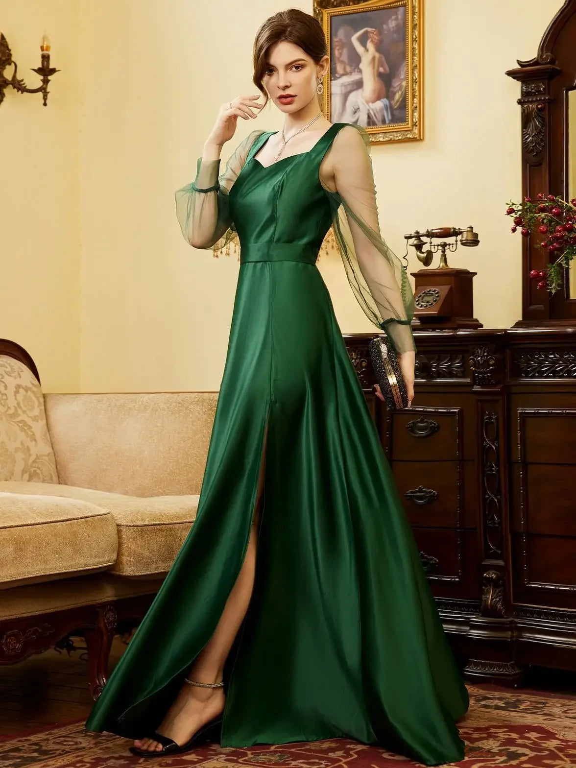 Cocktail Dresses Womens Green Satin Formal Wedding Guest Evening Party Maxi Dresses Long Sleeve Split Maxi Cocktail Long Dresses