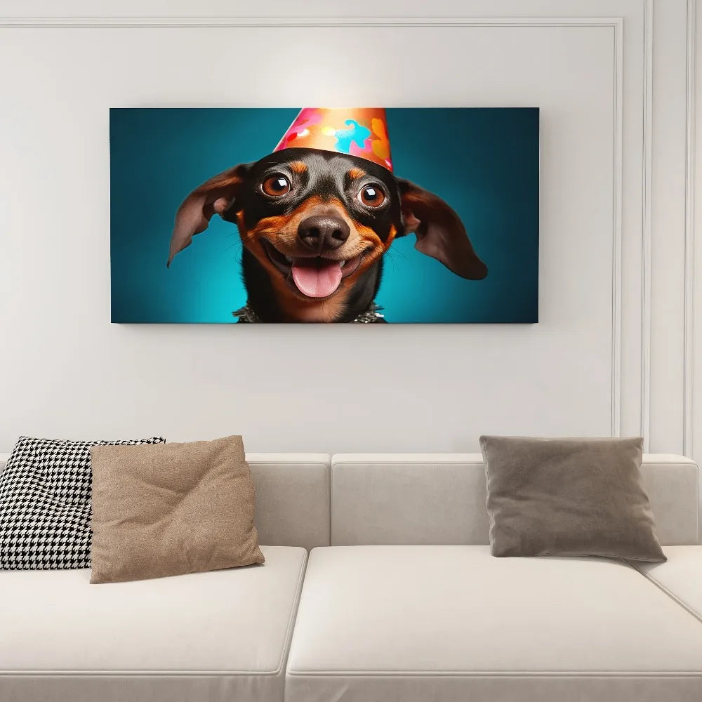 Birthday Puppy canvas mural, suitable for bedroom, living room, home office, 1.5 inch thick pine solid wood frame